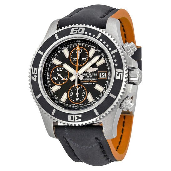 Breitling Superocean Chronograph II 44mm Automatic Black Dial Black Leather Strap Mens Watch - A1334102/BA85