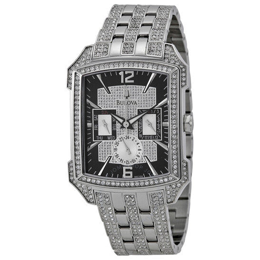 Bulova Crystal Collection Black Dial Silver Steel Strap Watch for Men - 98C108