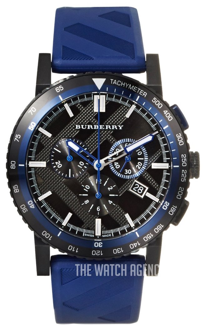 Burberry The City Sport Chronograph Black Dial Blue Rubber Strap Watch For Men - BU9807