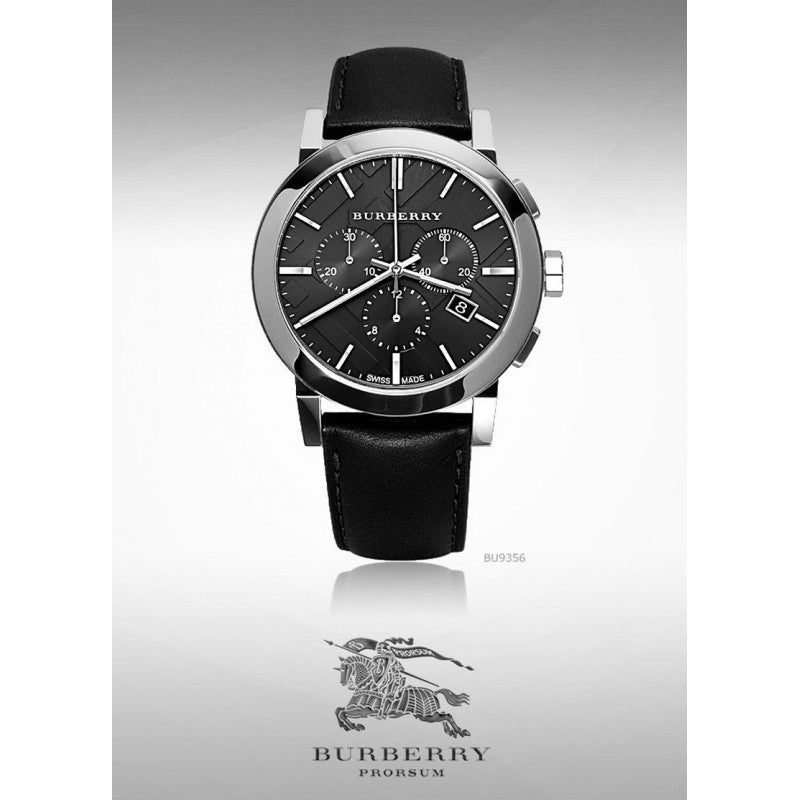 Burberry The City Chronograph Black Dial Black Leather Strap Watch for Men - BU9356