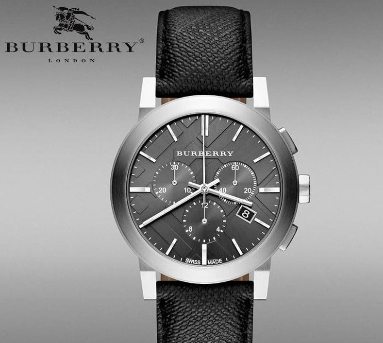 Burberry The City Grey Dial Black Leather Strap Watch for Men - BU9362