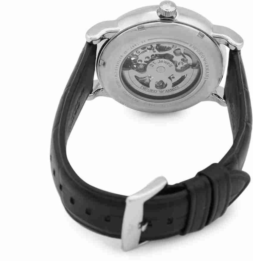 Emporio Armani Meccanico Silver Skeleton Dial Black Leather Strap Watch For Men - AR1997