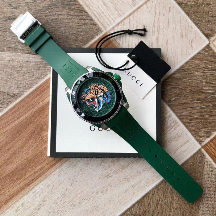 Gucci Dive Tiger Green Dial Green Rubber Strap Watch For Men - YA136316