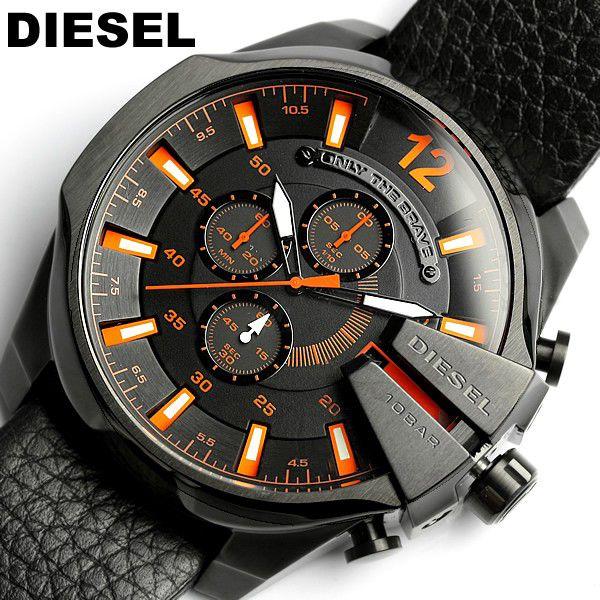 Diesel Mega Chief Chronograph Black Dial Black Leather Strap Watch For Men - DZ4291