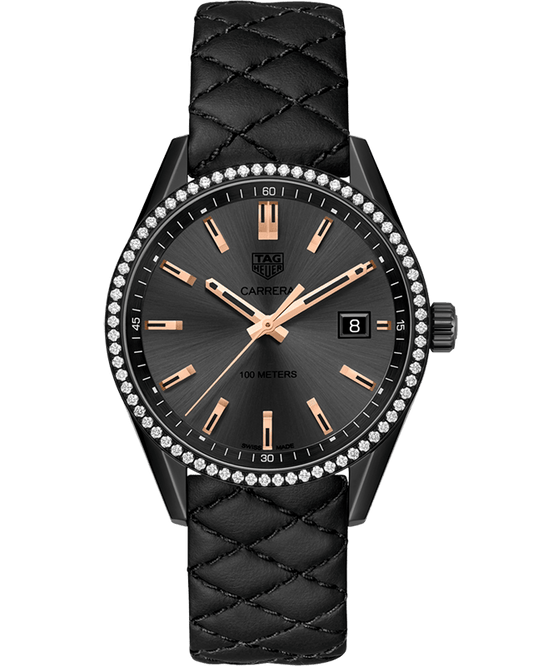 Tag Heuer Carrera Quartz 39mm Diamond Anthracite Dial Black Leather Strap Watch for Women - WAR1115.FC6392