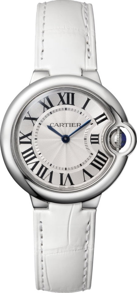 Cartier Ballon Bleu De Cartier Silver Dial White Leather Strap Watch for Women - W6920086