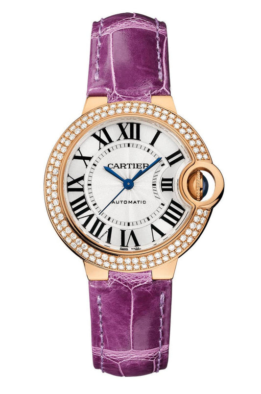 Cartier Ballon Blue De Cartier Diamonds Silver Dial Purple Leather Strap Watch for Women - WJBB0051