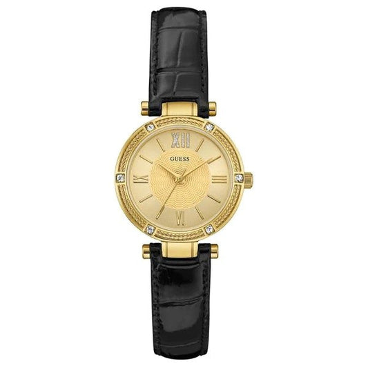 Guess Park Avenue Quartz Gold Dial Black Leather Strap Watch For Women - W0838L1