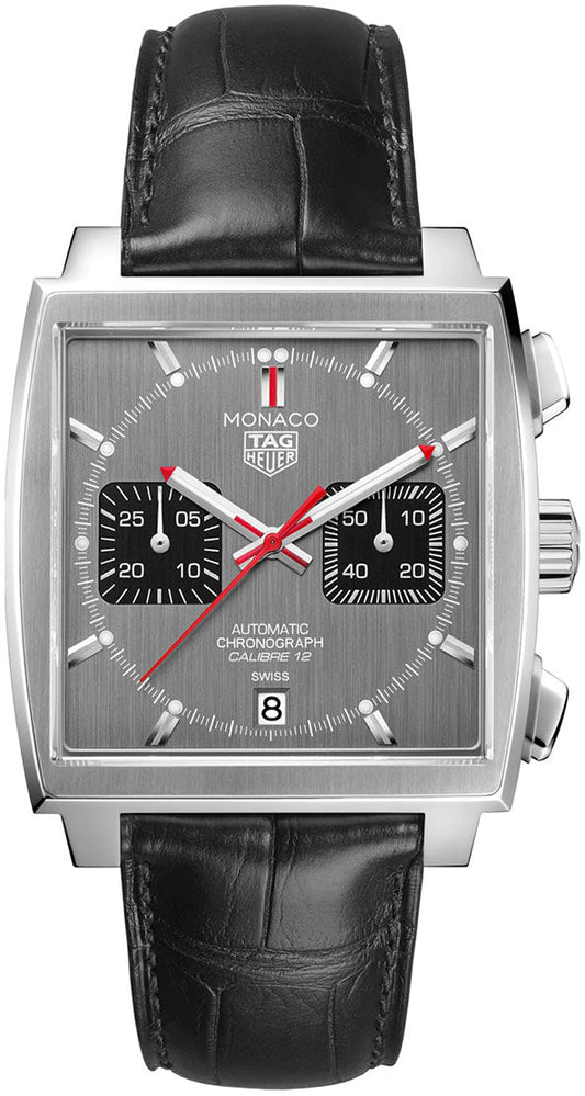 Tag Heuer Monaco Calibre 12 Final Edition Chronograph Grey Dial Black Leather Strap Watch for Men - CAW211J.FC6476