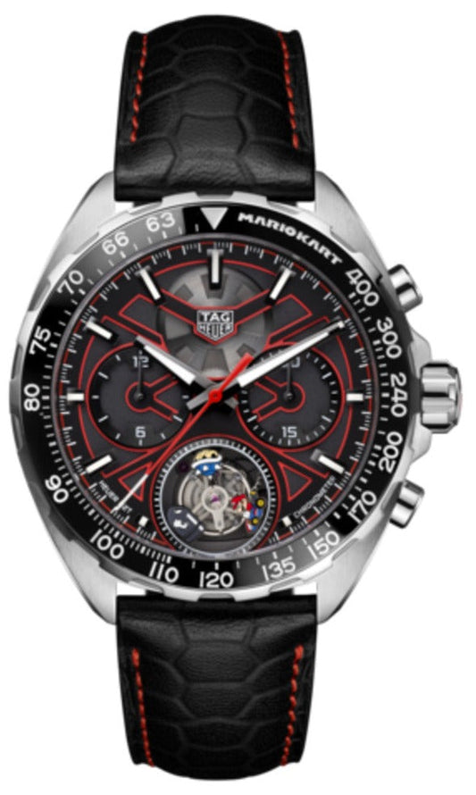 Tag Heuer Formula 1 Mario Kart Chronograph Tourbillion Black Dial Black Leather Strap Watch for Men - CAZ5080.FC6517