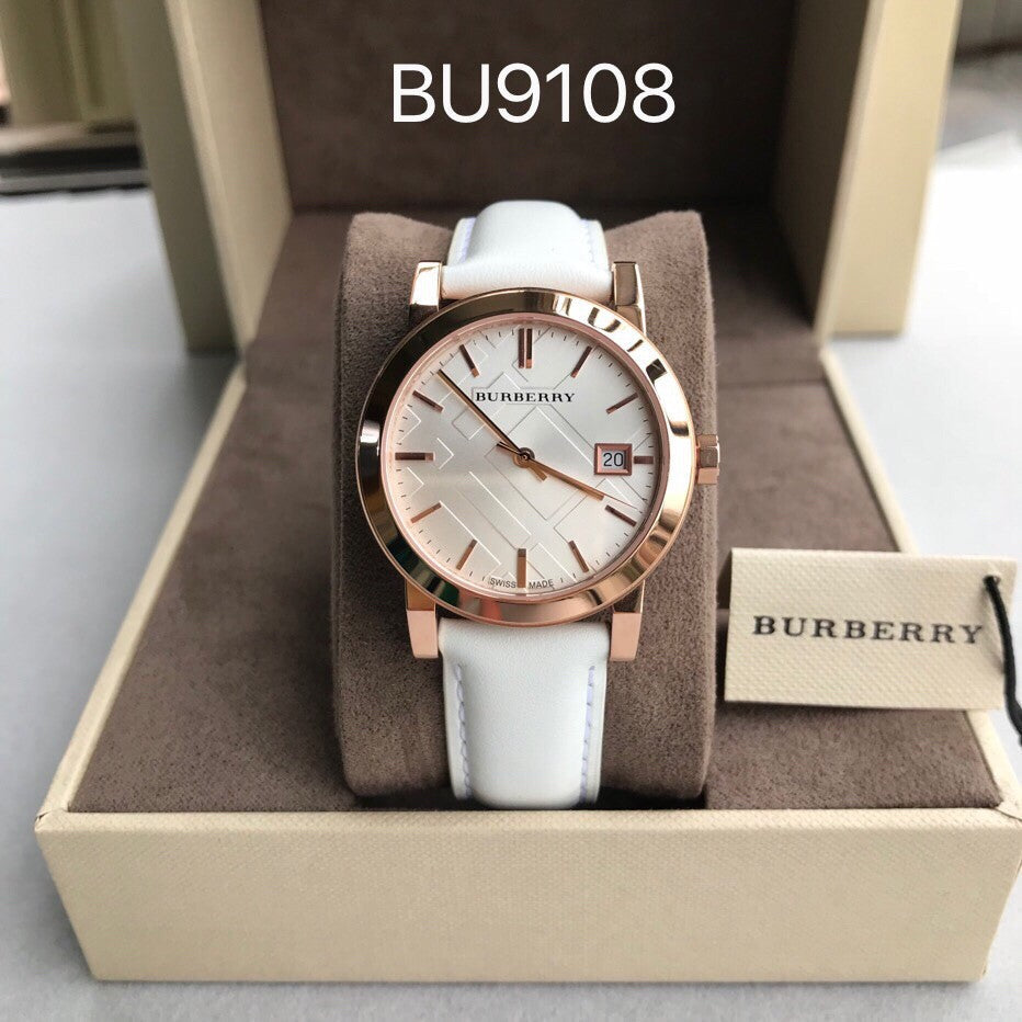 Burberry The City White Dial White Leather Strap Watch for Women - BU9108