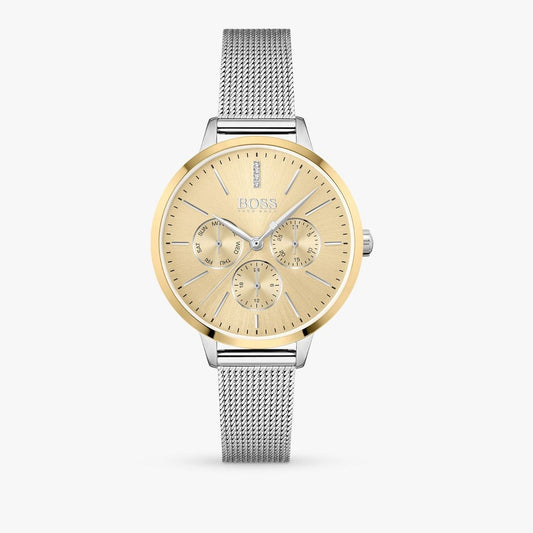 Hugo Boss Symphony Gold Dial Silver Mesh Bracelet Watch for Women - 1502600
