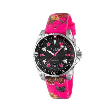 Gucci Dive Quartz Black Dial Pink Leather Strap Watch For Women - YA136326