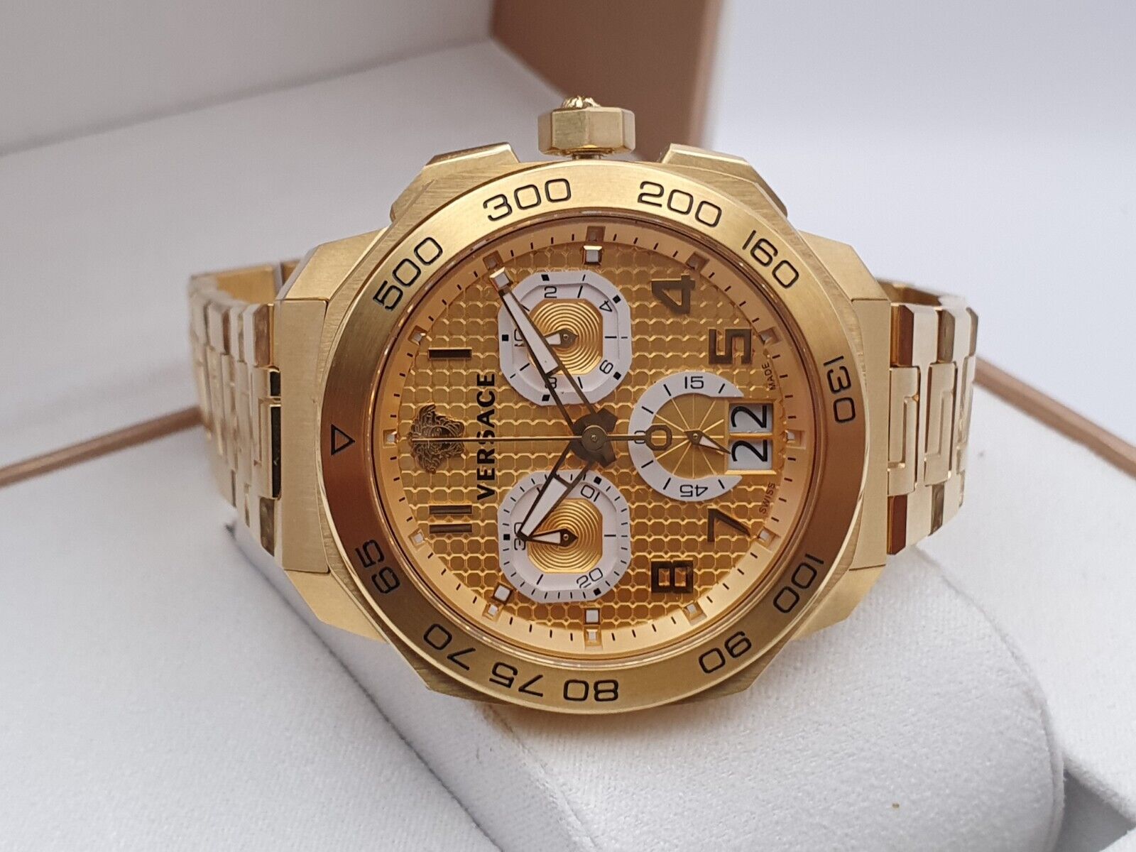 Versace Dylos Chronograph Gold Dial Gold Steel Strap Watch for Men - VQC040015