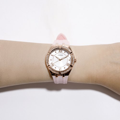 Guess Cosmo Diamonds Silver Dial Pink Rubber Strap Watch for Women - GW0034L3