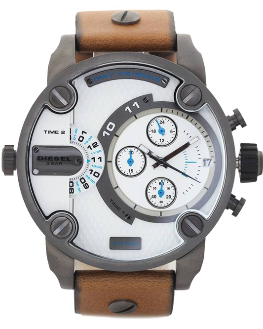 Diesel SBA Dual Time Chronograph White Dial Brown Leather Strap Watch For Men - DZ7269