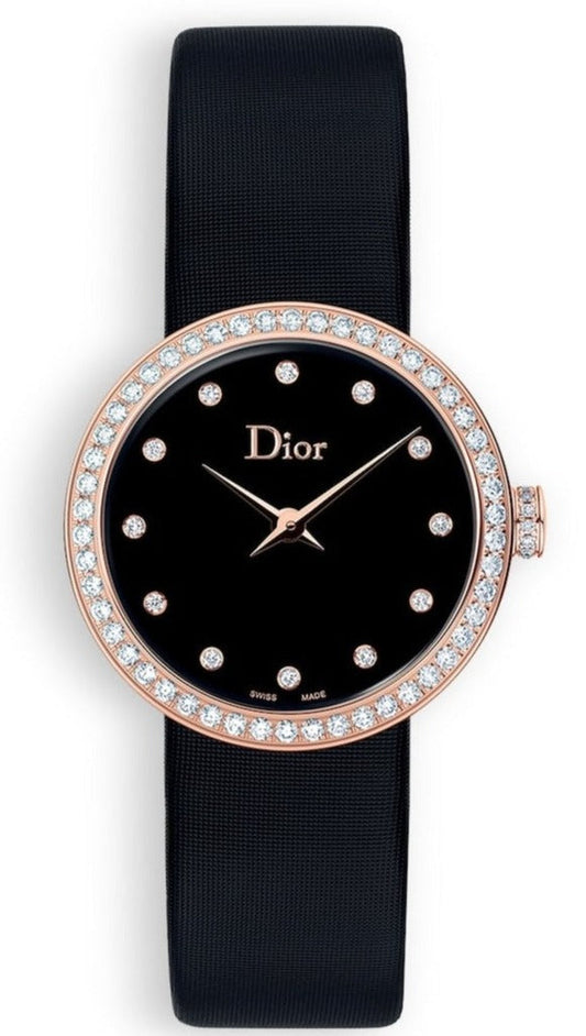 Dior La D De Dior Diamonds Black Dial Black Leather Strap Watch for Women - CD047170A005 0000