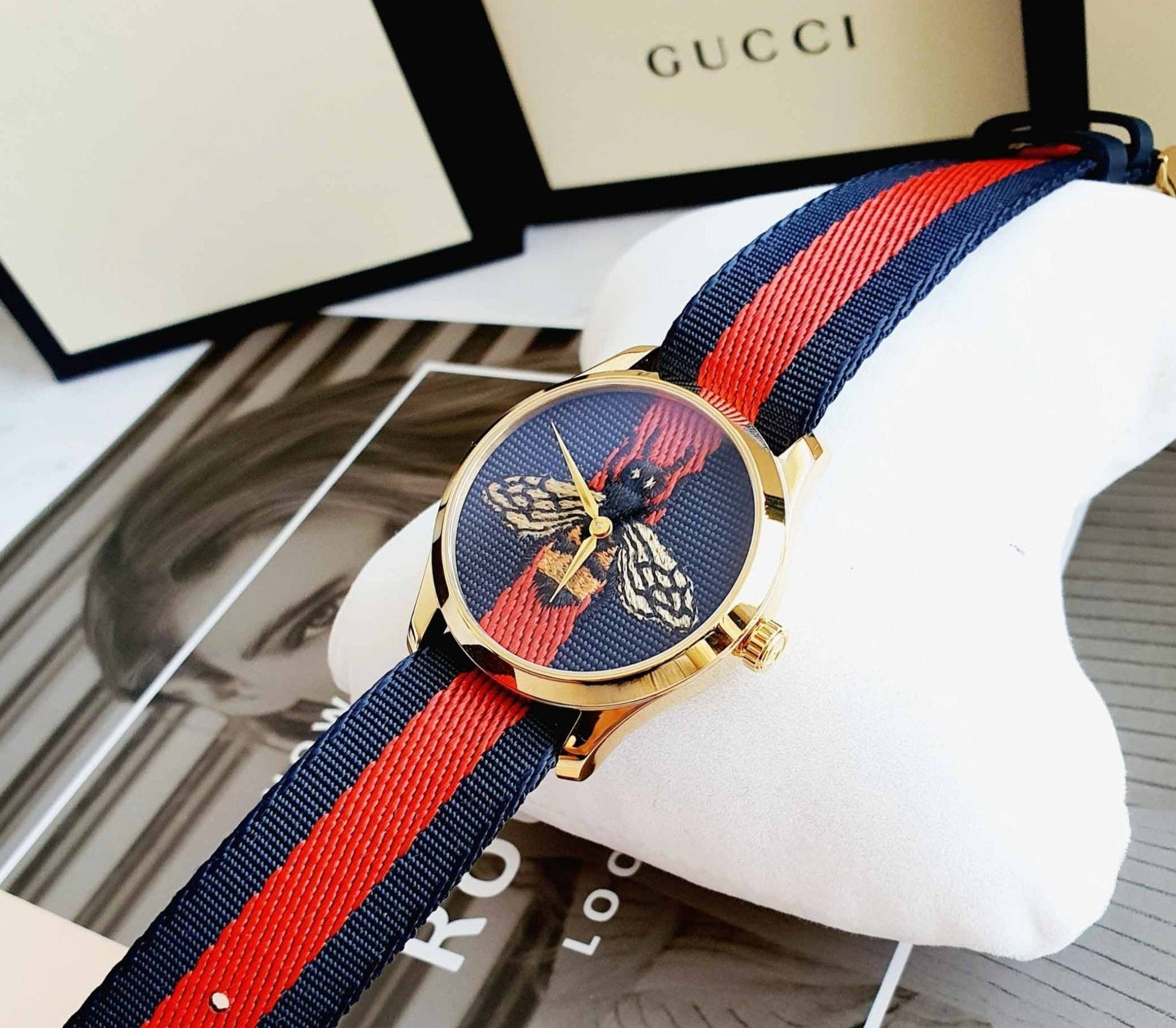 Gucci G Timeless Red & Blue Dial Two Tone Nylon Strap Watch For Men - YA1264061