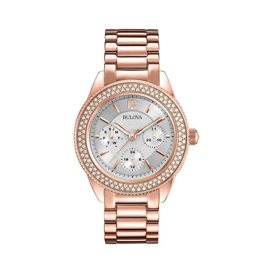 Bulova Crystal Silver Dial Rose Gold Steel Strap Watch for Women - 97N101