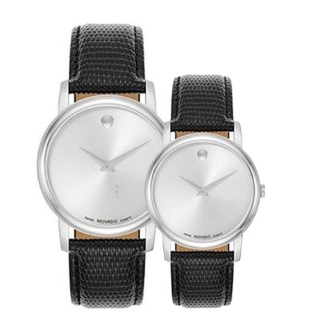 Movado Museum Silver Dial Black Leather Strap Watch For Women - 2100003