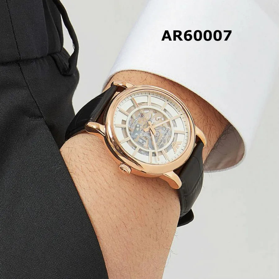 Emporio Armani Luigi Skeleton Silver Dial Black Leather Strap Watch For Men - AR60007