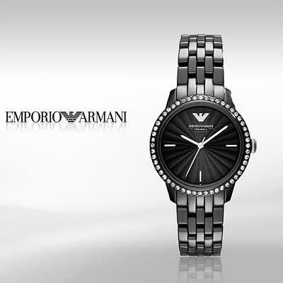 Emporio Armani Ceramica Crystal Black Dial Black Steel Strap Watch For Women - AR1478