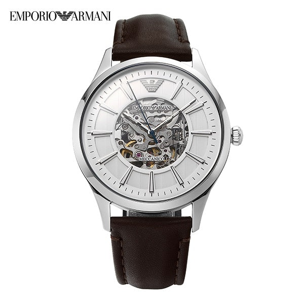 Emporio Armani Meccanico White Dial Brown Leather Strap Watch For Men - AR1946