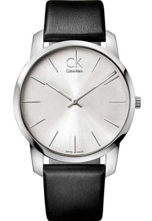 Calvin Klein Post Minimal Silver Dial Black Leather Strap Watch for Men - K7621192