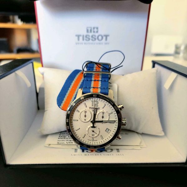 Tissot Quickster Chronograph NBA New York Kicks White Dial Multicolored Nato Strap Watch For Men - T095.417.17.037.06