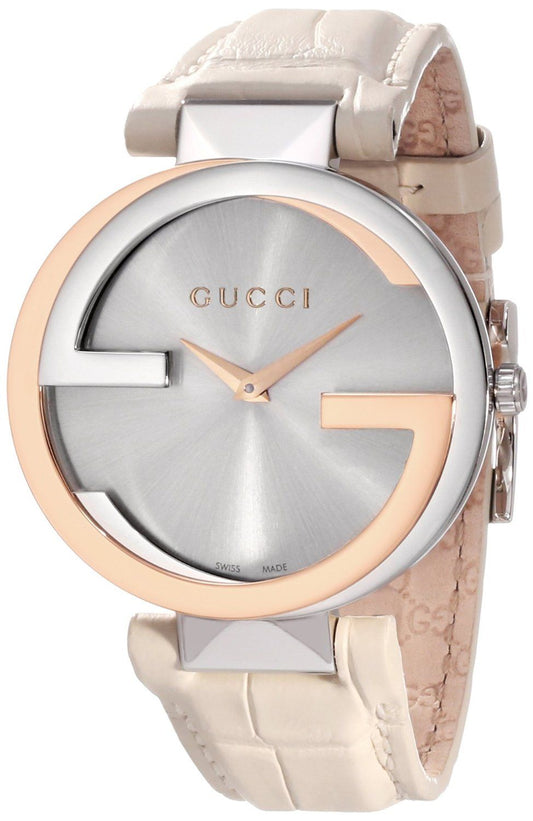 Gucci Interlocking 18K Silver Dial White Leather Strap Watch For Women - YA133303