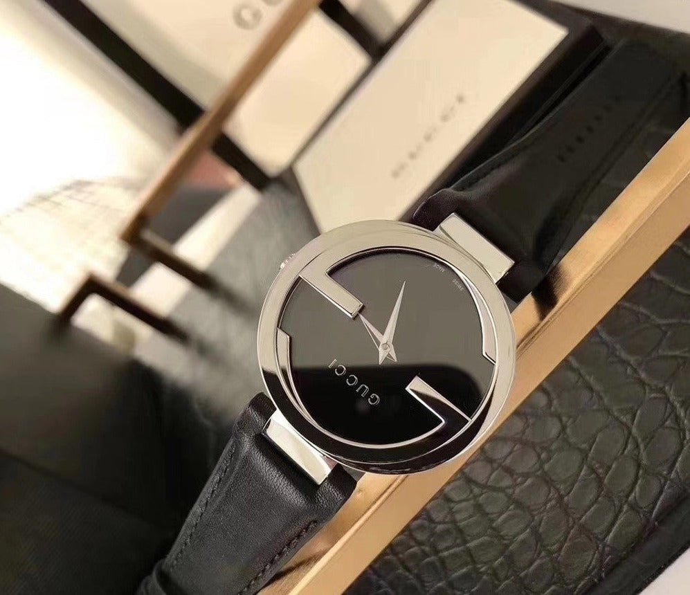 Gucci G Interlocking Black Dial Black Leather Strap Watch For Women - YA133501