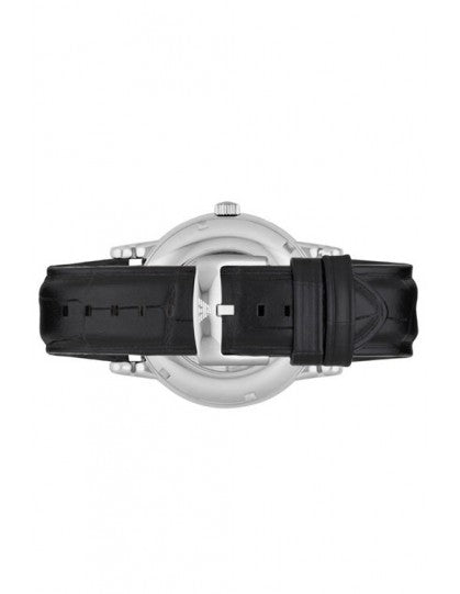 Emporio Armani Meccanico Silver Skeleton Dial Black Leather Strap Watch For Men - AR1997