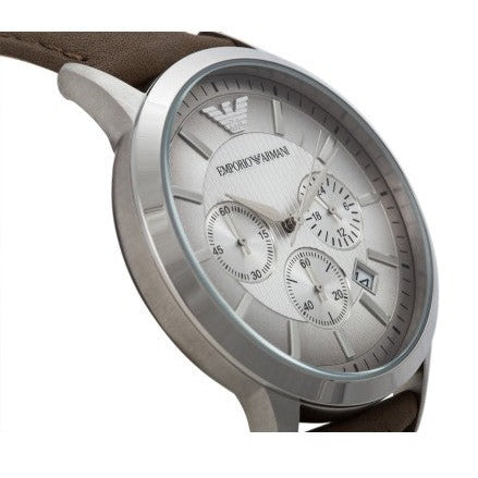 Emporio Armani Classic Chronograph Silver Dial Brown Leather Strap Watch For Men - AR2471