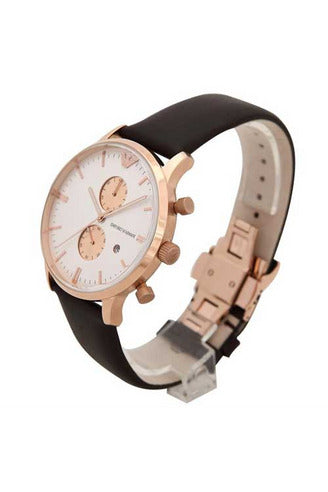 Emporio Armani Gianni Classic Chronograph White Dial Brown Leather Strap Watch For Men - AR0398