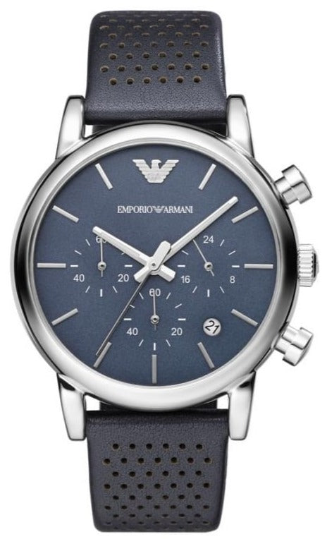 Emporio Armani Luigi Chronograph Blue Dial Black Leather Strap Watch For Men - AR1736