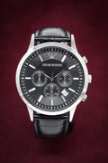Emporio Armani Renato Chronograph Black Dial Black Leather Strap Watch For Men - AR2447