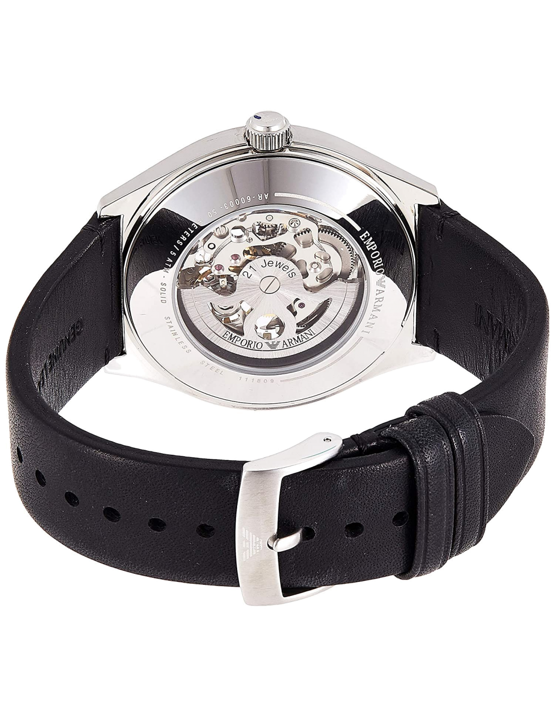 Emporio Armani Meccanico Skeleton White Dial Black Leather Strap Watch For Men - AR60003