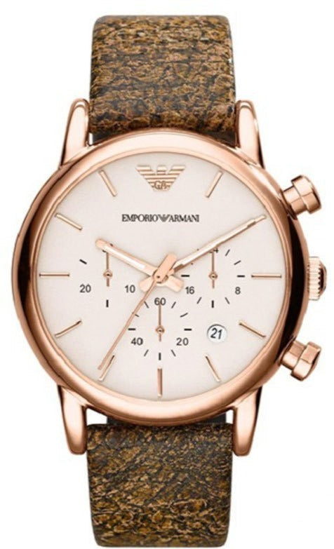 Emporio Armani Classic Chronograph White Dial Brown Leather Strap Watch For Men - AR1809