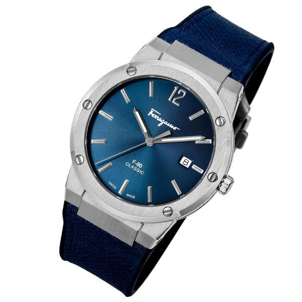 Salvatore Ferragamo F-80 Classics Blue Dial Blue Leather Strap Watch for Men - SFDT00719