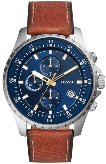 Fossil Dillinger Luggage Chronograph Blue Dial Brown Leather Strap Watch for Men - FS5675