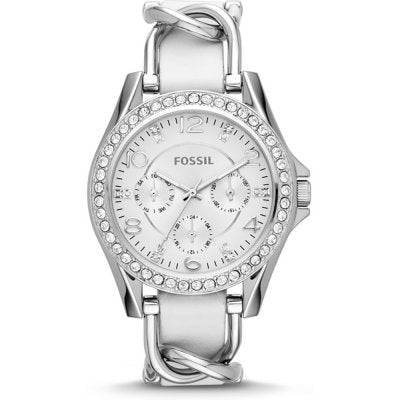 Fossil Riley Silver Dial White Leather Strap Watch for Women - ES3463