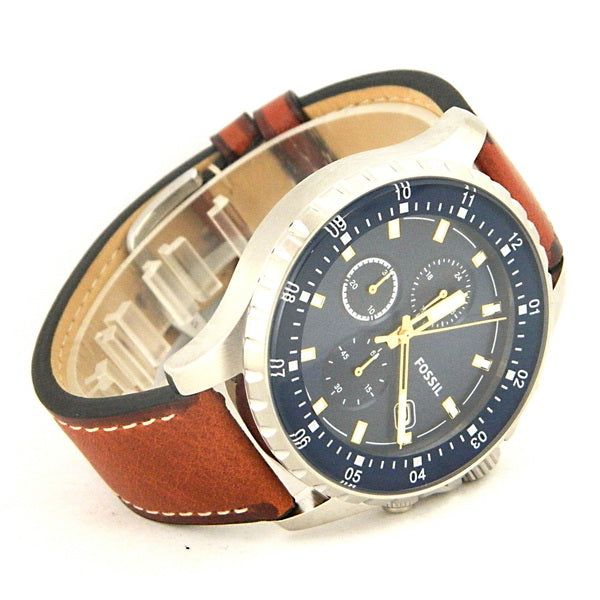 Fossil Dillinger Luggage Chronograph Blue Dial Brown Leather Strap Watch for Men - FS5675