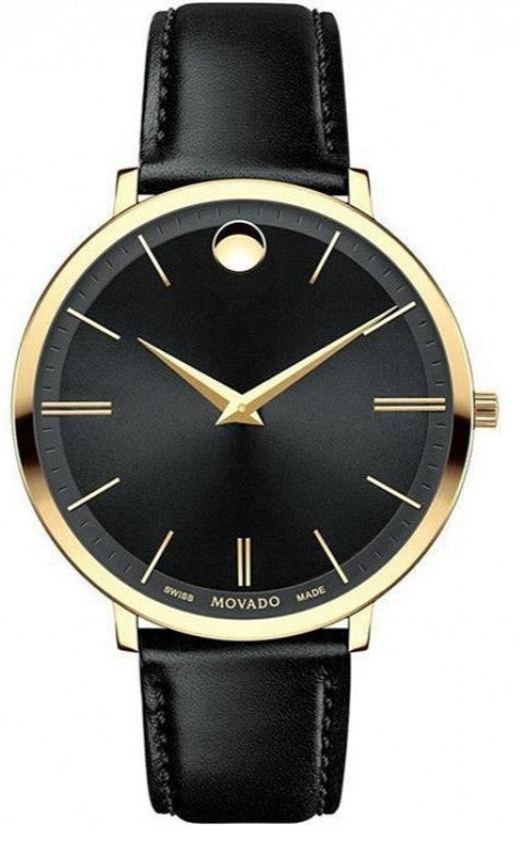 Movado Ultra Slim Black Dial Black Leather Strap Watch For Men - 0607087