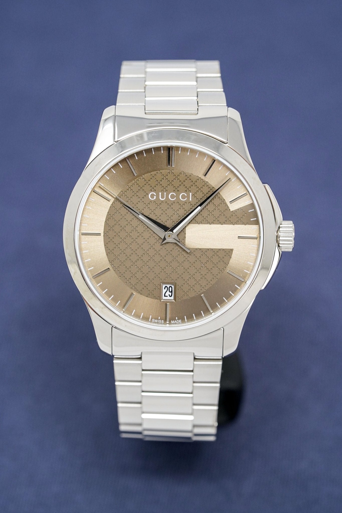 Gucci G Timeless Brown Dial Silver Steel Strap Watch For Men - YA126445