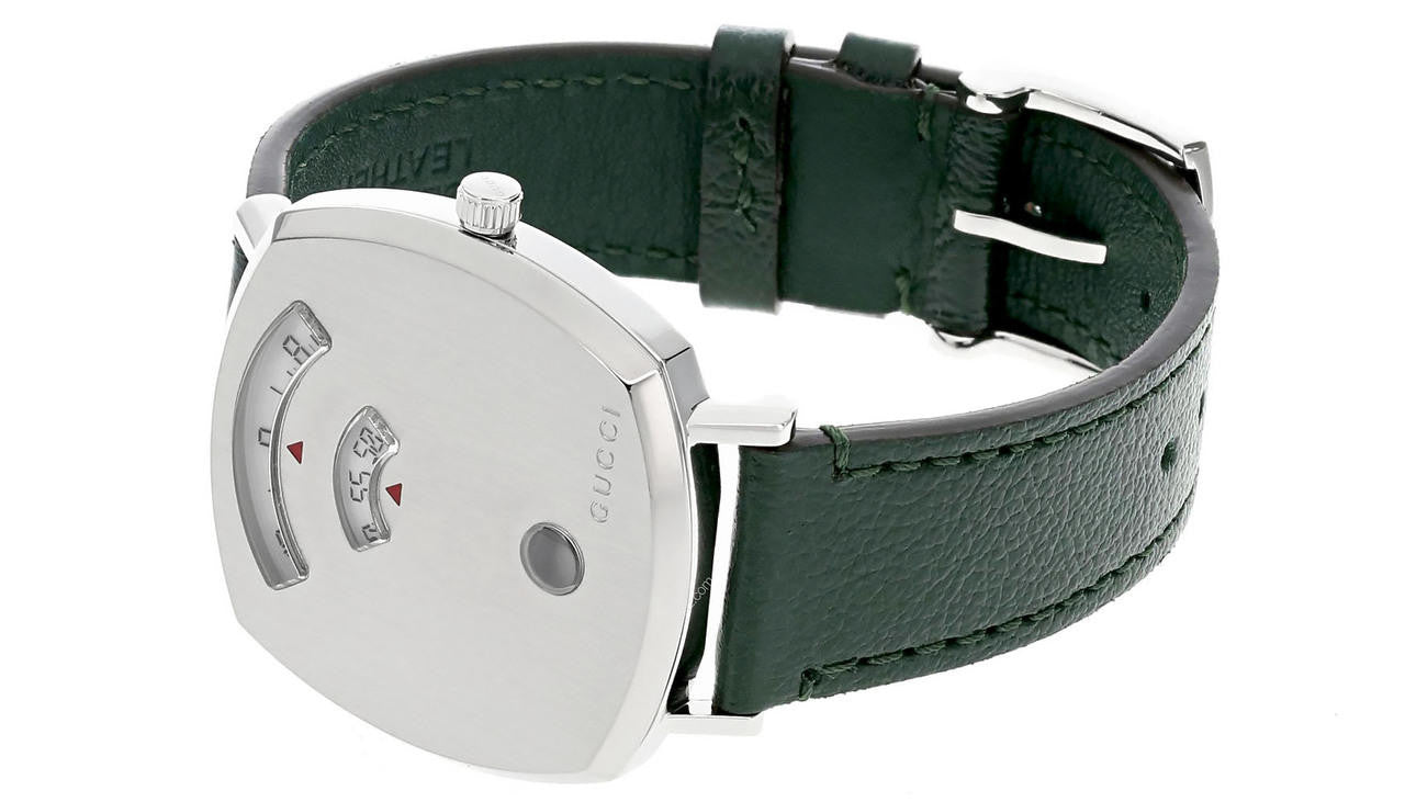 Gucci Grip Silver Dial Green Leather Strap Unisex Watch - YA157406