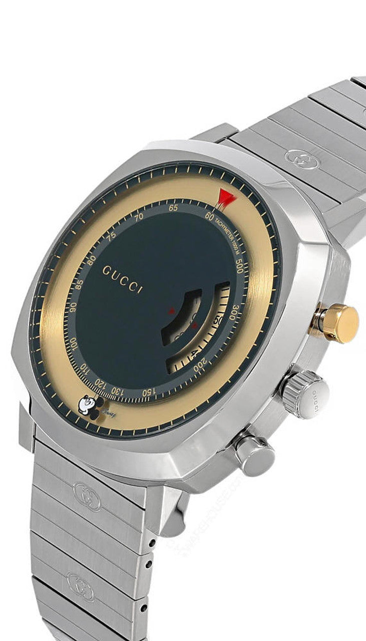 Gucci Grip Chronograph Disney Black Dial Silver Steel Strap Watch For Men - YA157307