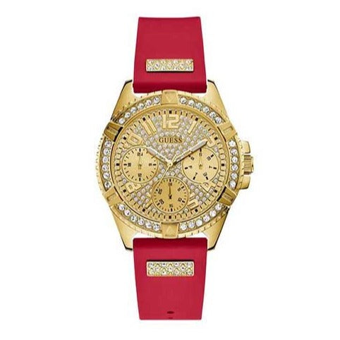 Guess Frontier Diamonds Gold Dial Red Rubber Strap Watch for Women - GW0045L2