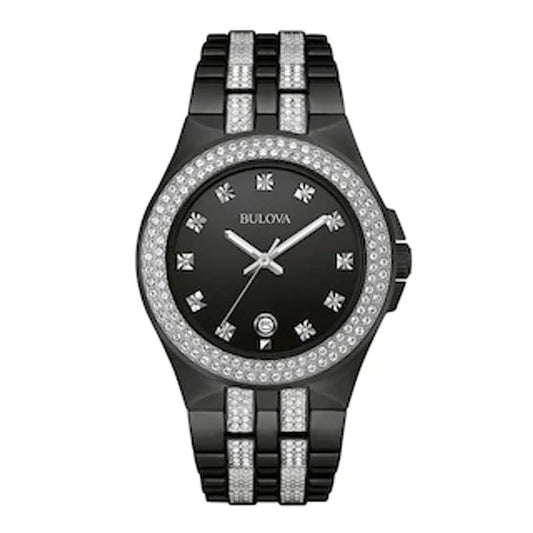 Bulova Crystal Collection Black Dial Two Tone Steel Strap Watch for Men - 98K101
