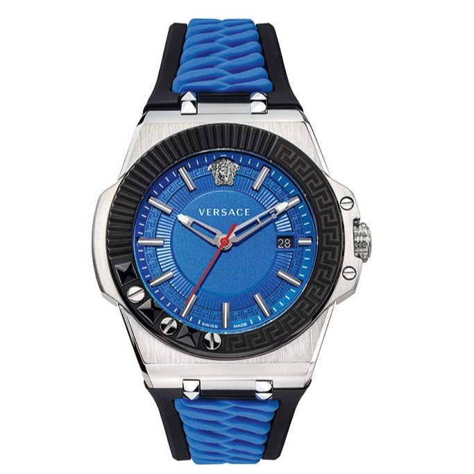 Versace Chain Reaction Quartz Blue Dial Blue & Black Leather Strap Watch for Men - VEDY00119