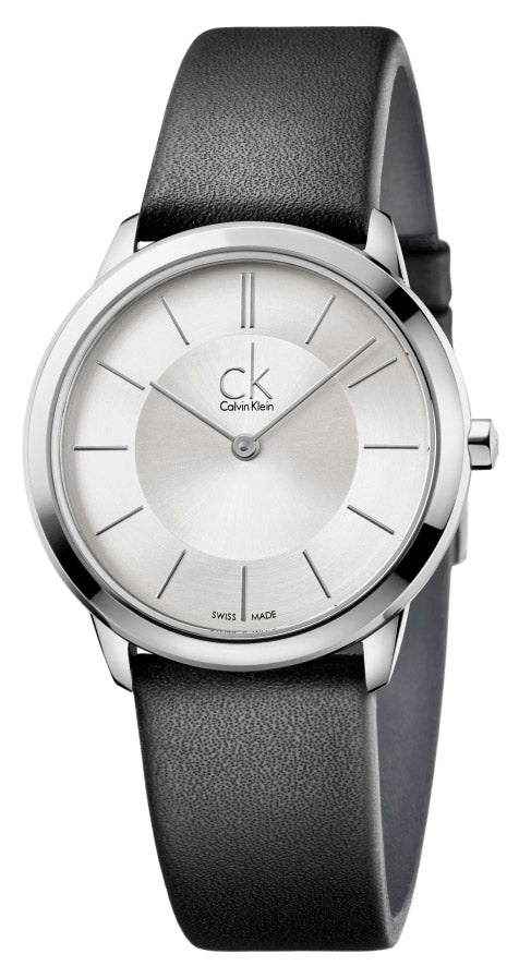 Calvin Klein Minimal Silver Dial Black Leather Strap Watch for Women - K3M221C6